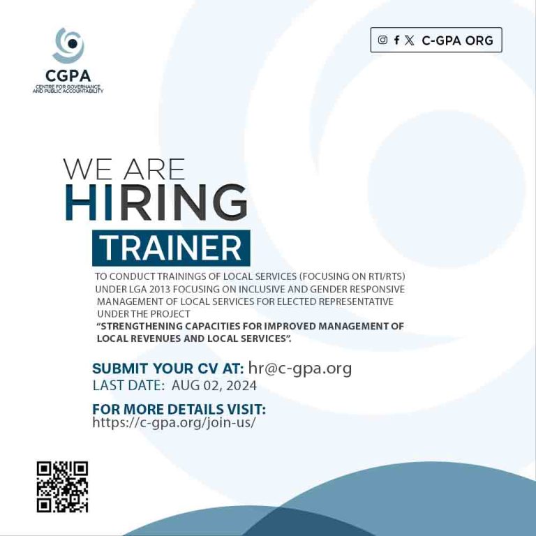 HIRING OF THE TRAINER TO CONDUCT TRAININGS ON LOCAL SERVICES (FOCUSING ON RTI/RTS) UNDER LGA 2013 FOCUSING ON INCLUSIVE AND GENDER RESPONSIVE MANAGEMENT OF LOCAL SERVICES FOR ELECTED REPRESENTATIVE